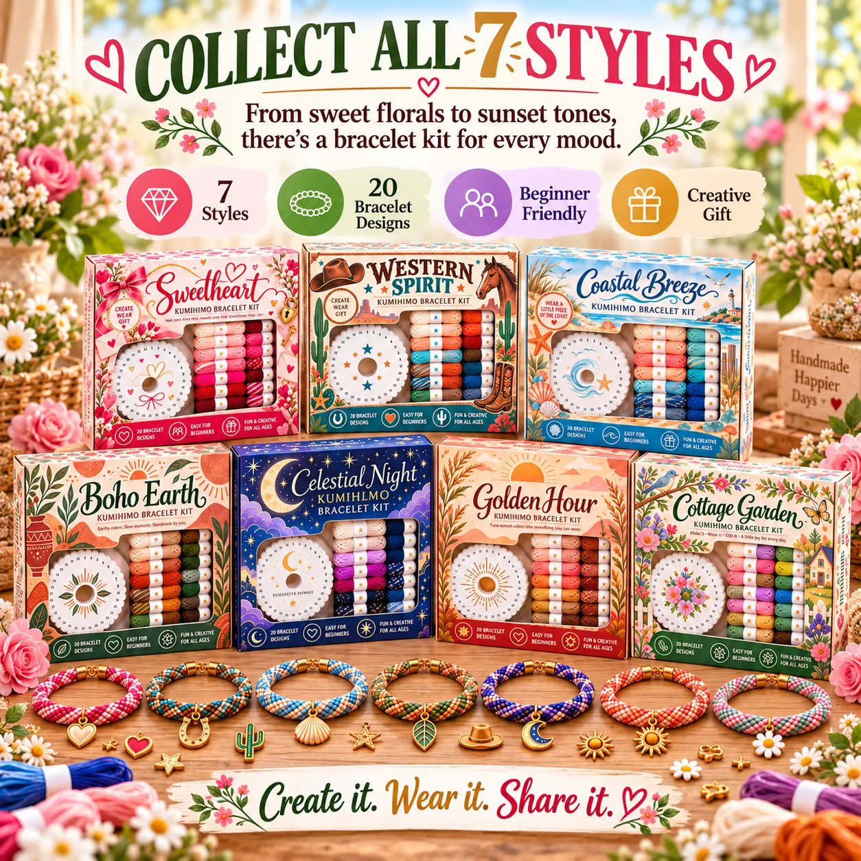 Seven Kumihimo bracelet themes shown in a colorful display