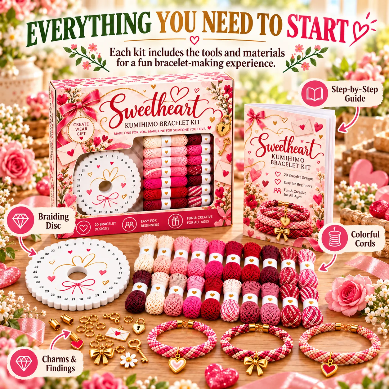 Kumihimo kit contents including braiding disc, cords, charms and instructions