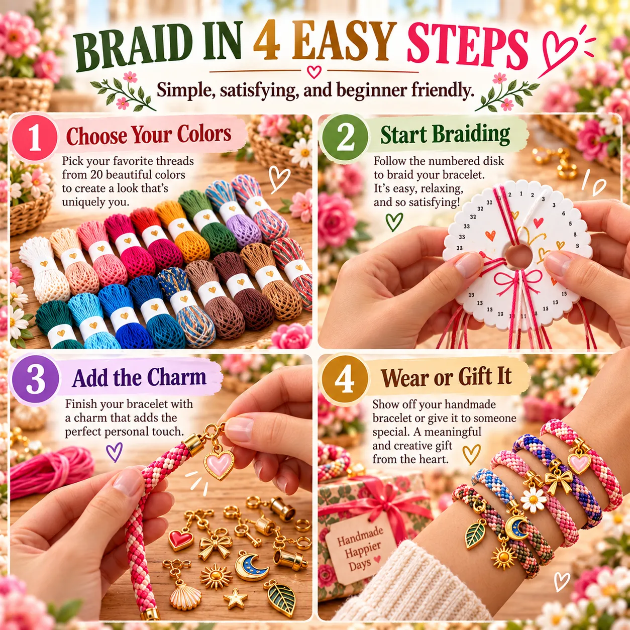 Four-step Kumihimo bracelet making process on a braiding disc