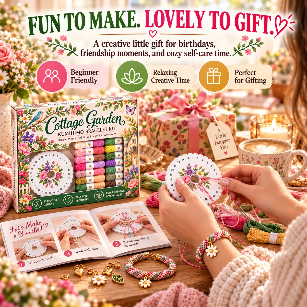 Kumihimo bracelet making as a relaxing gift-worthy craft activity