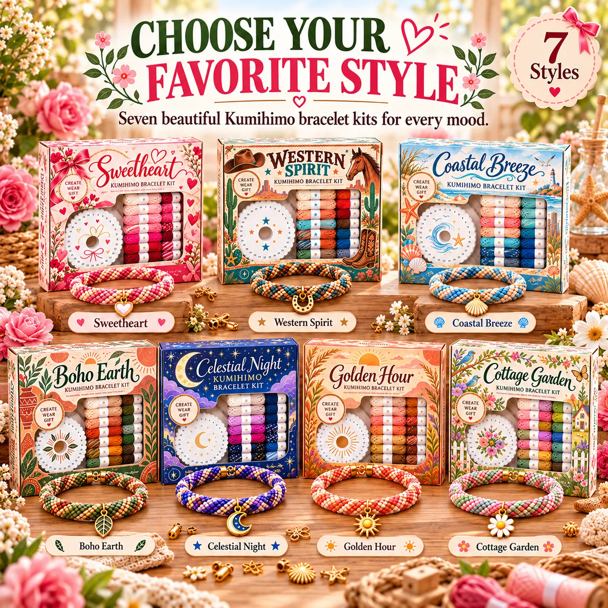 Choose one Kumihimo bracelet theme from the seven available styles