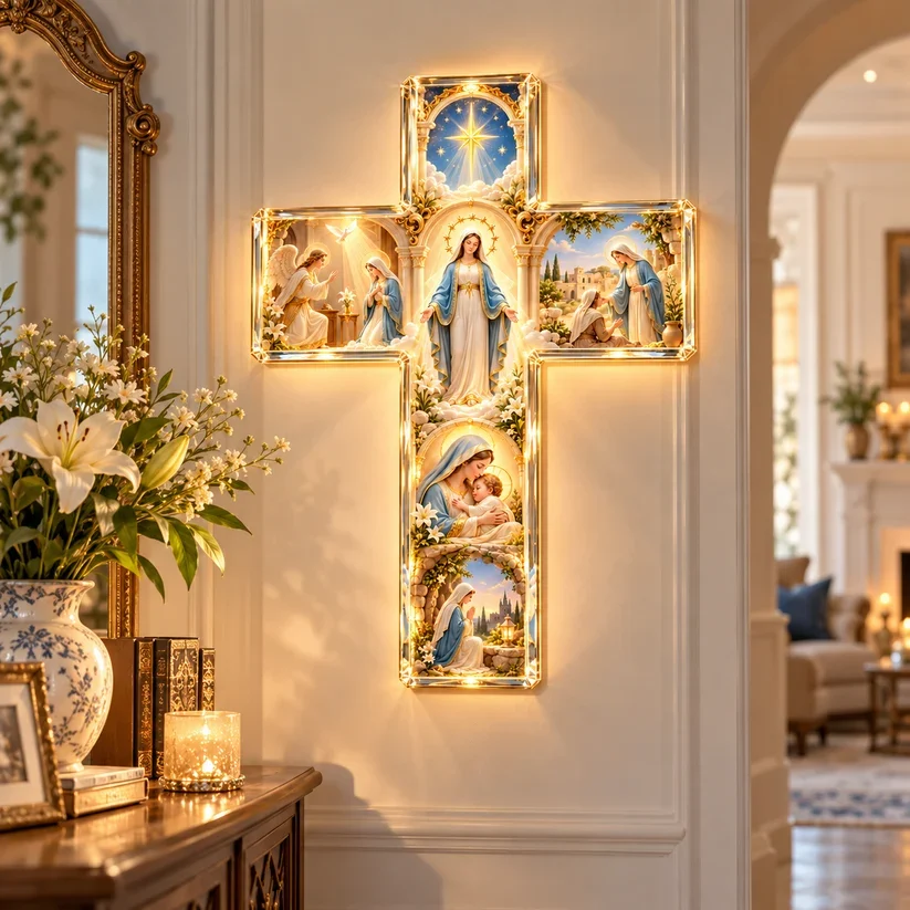 Illuminated Virgin Mary cross wall decoration in a warm foyer