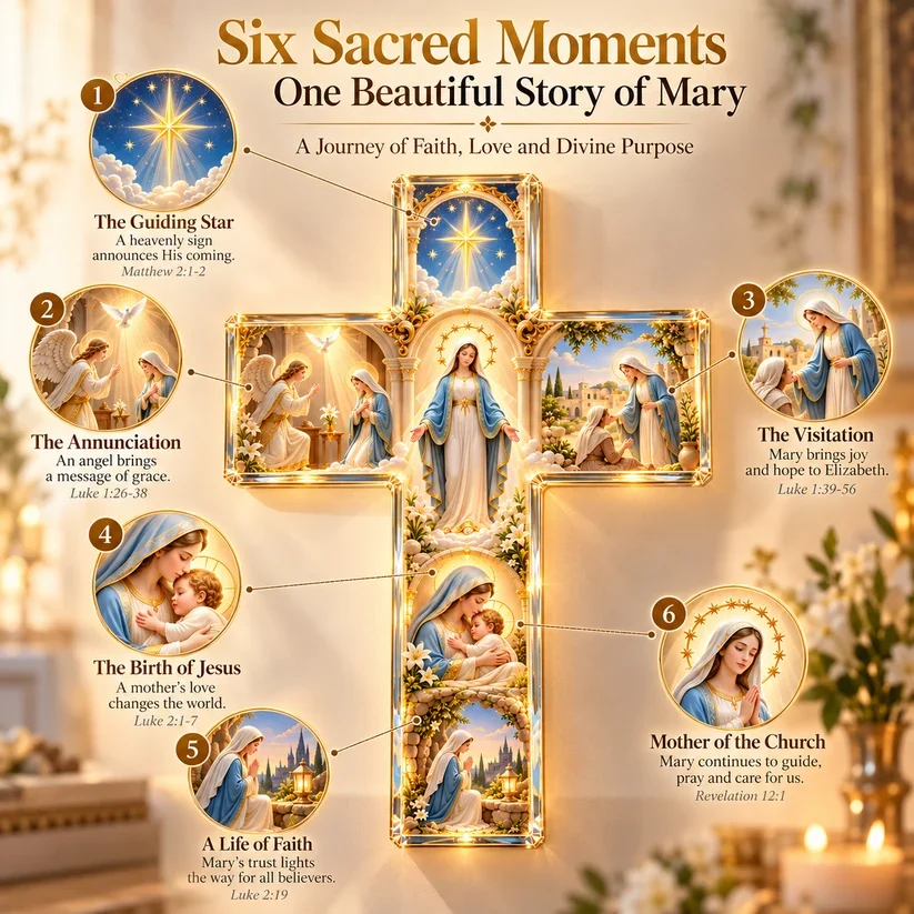Six sacred moments of Mary illustrated inside the illuminated cross