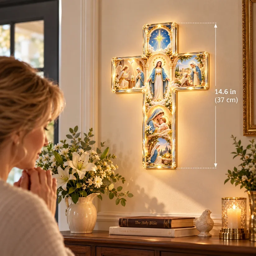 Illuminated cross shown at 37 cm in a prayerful home setting