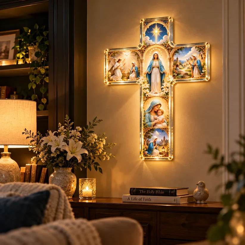 Illuminated Marian cross displayed in a cozy room