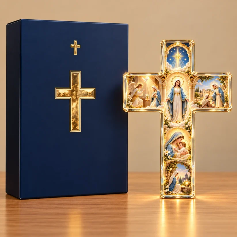 Illuminated cross beside a navy gift box