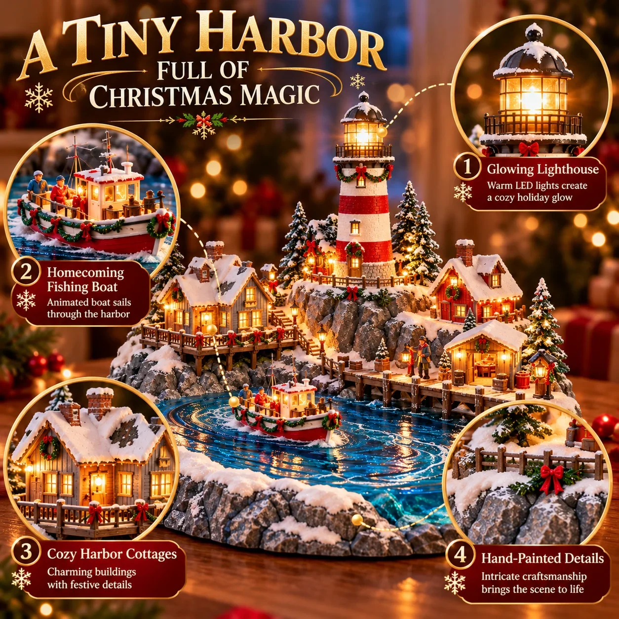 Detailed coastal Christmas village showing lighthouse, homecoming fishing boat, cottages and dockside details