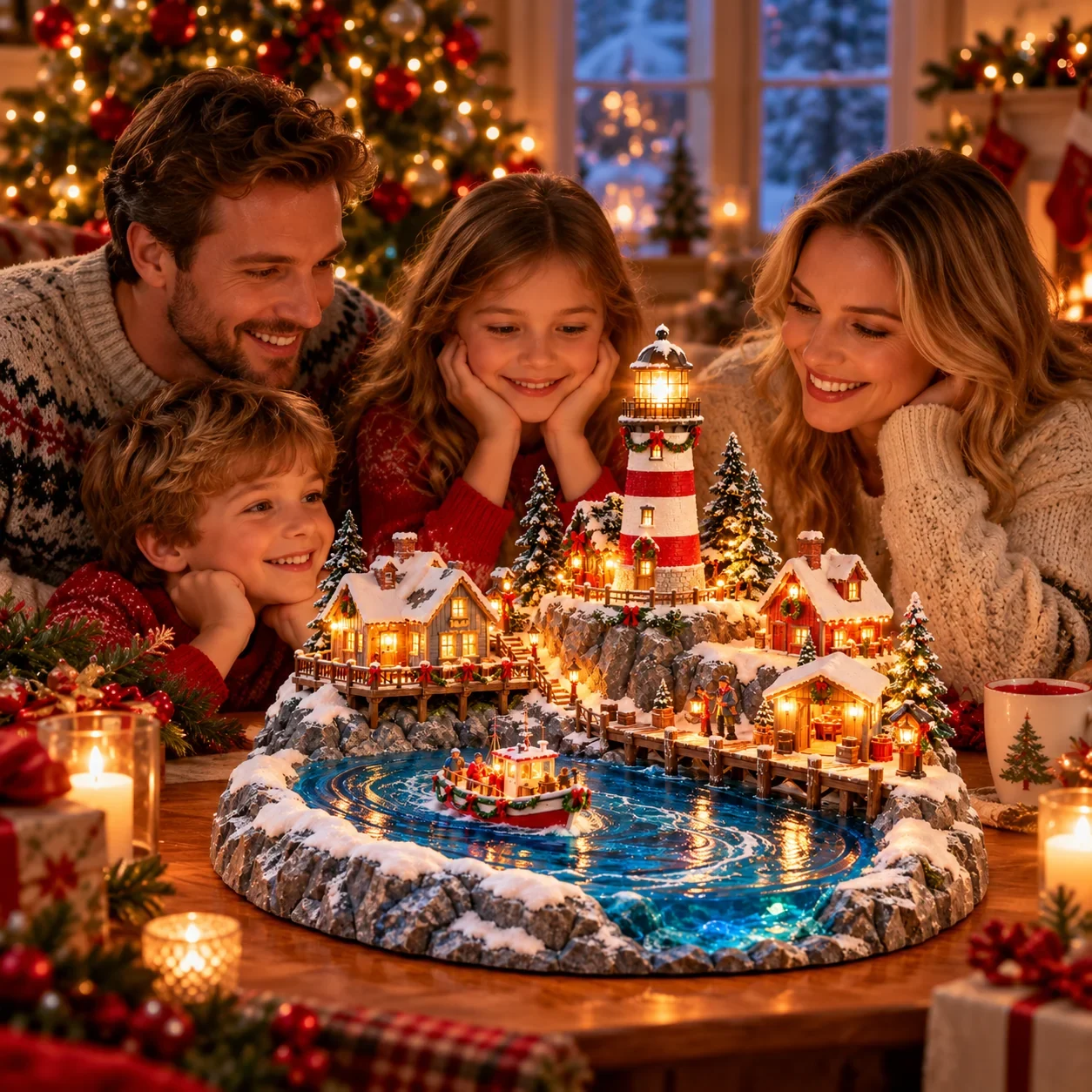 Family gathered around the illuminated coastal Christmas lighthouse village