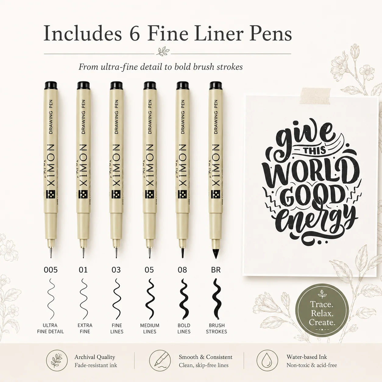 Six fine liner pen sizes included with Ink Tracing