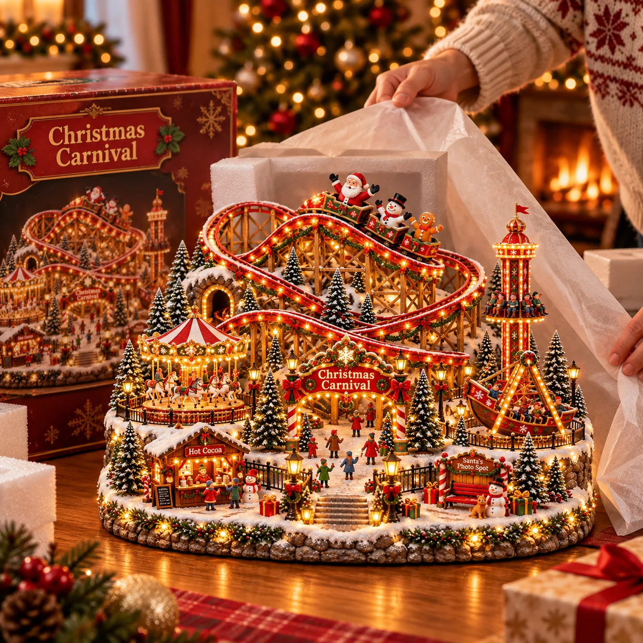 Christmas Carnival gift presentation with the complete tabletop scene revealed beside a box and wrapping materials