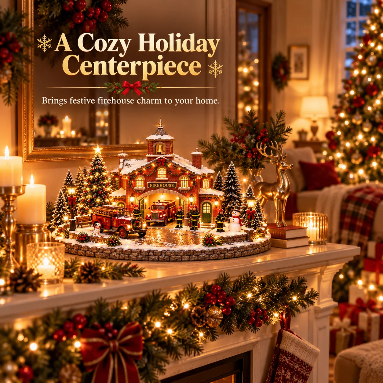 Christmas Firehouse Village displayed on a Christmas mantel