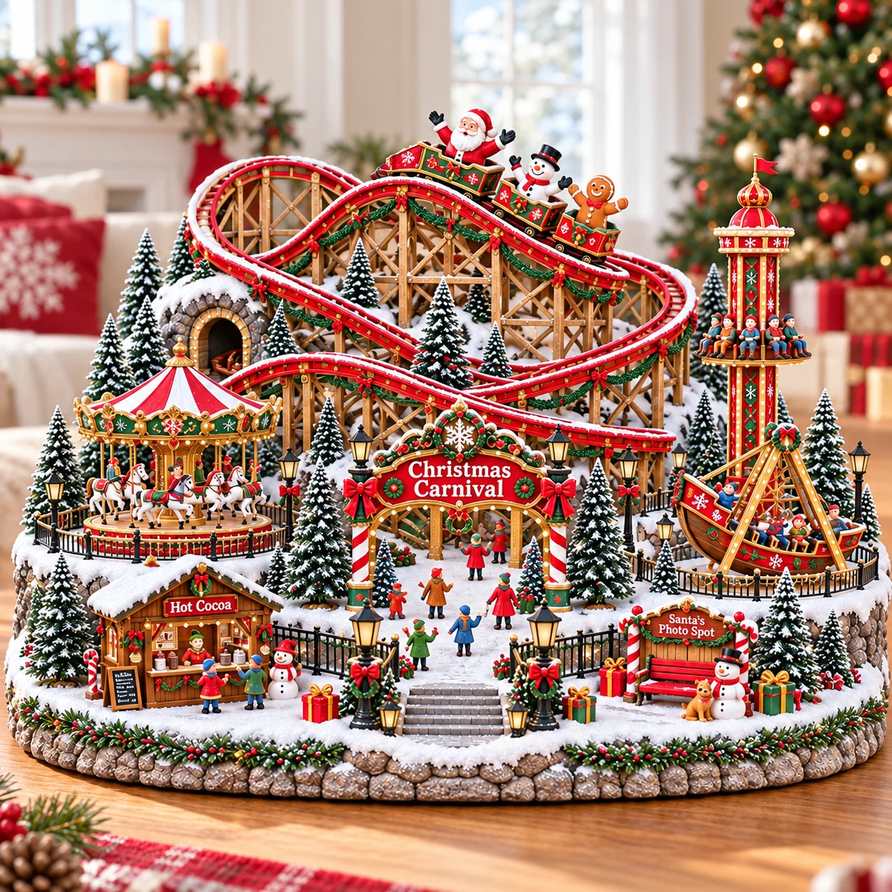 Daytime view of the Christmas Carnival showing its red and gold rides, snowy trees and miniature holiday figures