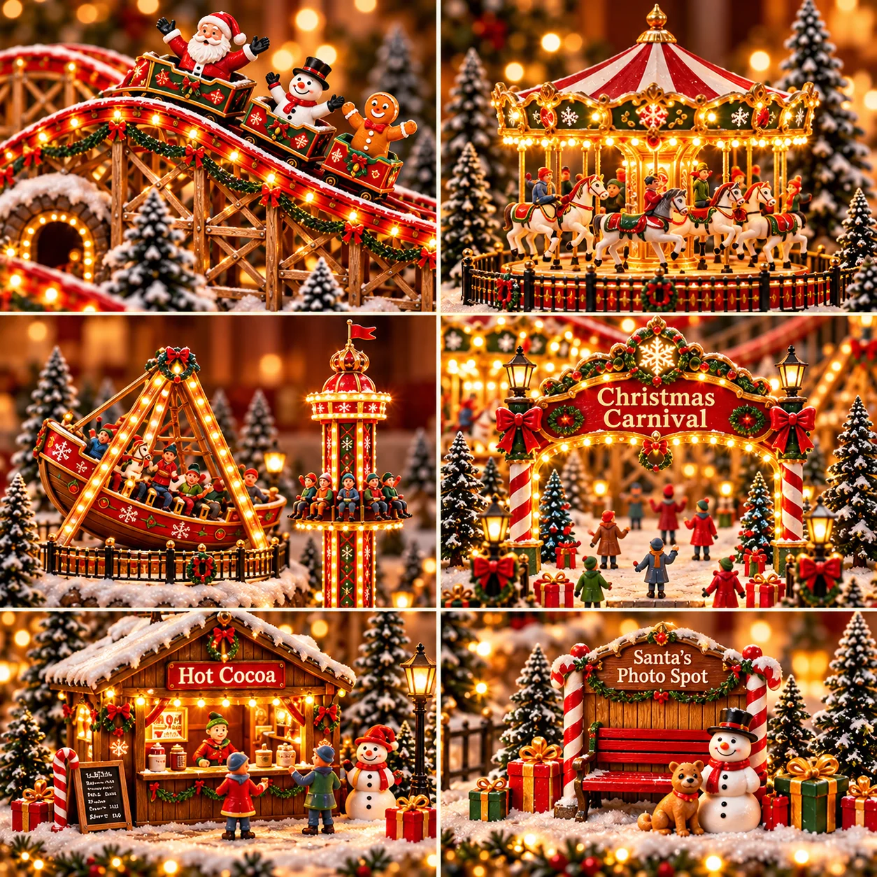 One six-panel detail collage showing the Santa roller coaster, carousel, ship and drop tower, Christmas Carnival entrance, Hot Cocoa stand and Santa's Photo Spot