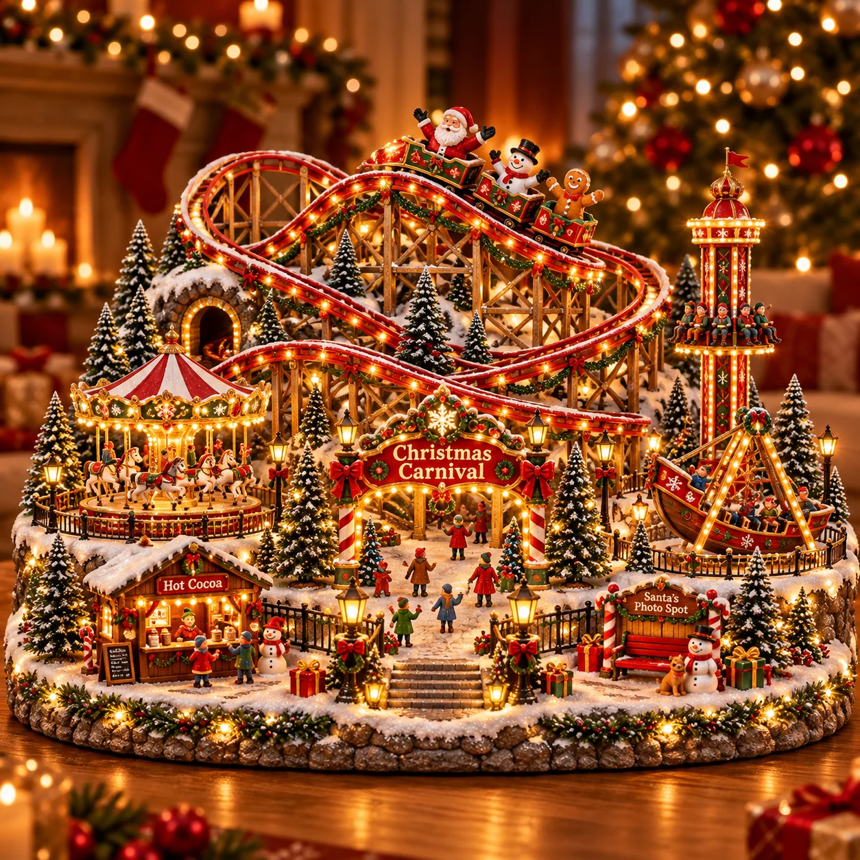 Santa's Merry Christmas Carnival with a festive roller coaster, carousel, drop tower and ship ride glowing in a Christmas living room