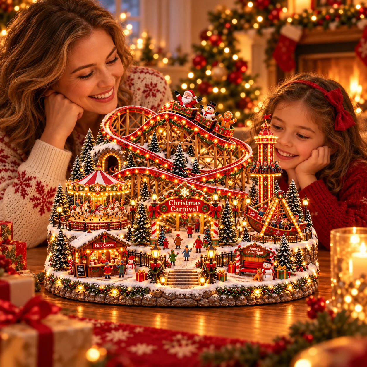 A mother and daughter smiling as they admire the illuminated Christmas Carnival tabletop display