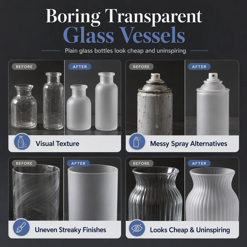 Ordinary transparent glass vessels before decorative frosted paint treatment