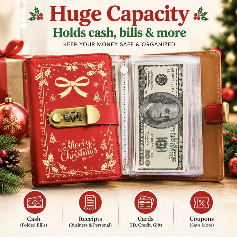 Christmas A6 PU Leather Binder Savings Notebook with 3-Digit Resettable Password Lock, Large Capacity Storage for Money & Important Items, Secure Protection, Durable Material Christmas A6 PU Leather Binder Savings Notebook with 3-Digit Resettable Password Lock, Large Capacity Storage for Money & Important Items, Secure Protection, Durable Material