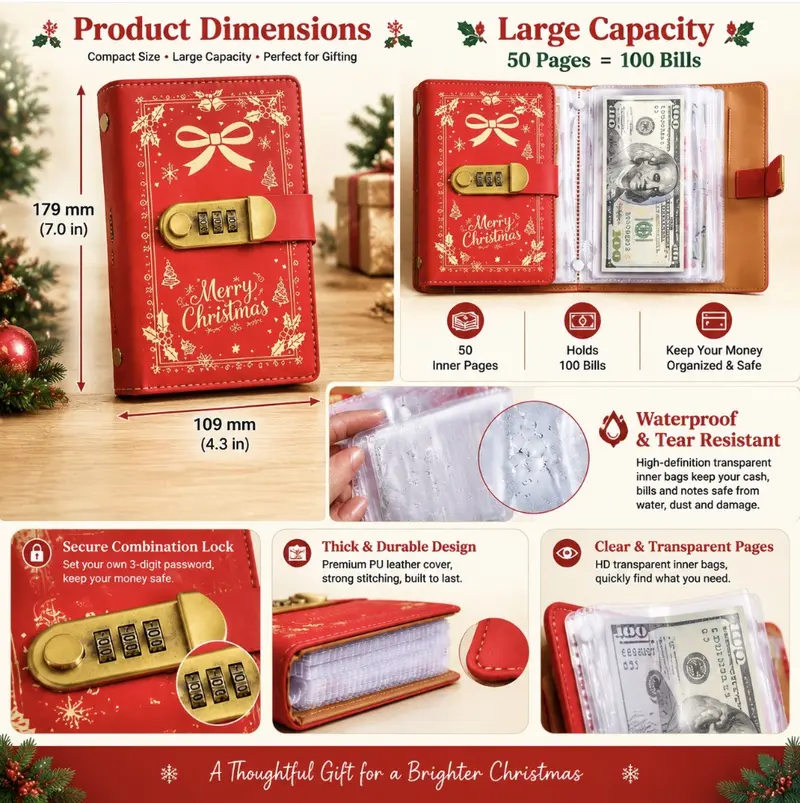 Christmas A6 PU Leather Binder Savings Notebook with 3-Digit Resettable Password Lock, Large Capacity Storage for Money & Important Items, Secure Protection, Durable Material Christmas A6 PU Leather Binder Savings Notebook with 3-Digit Resettable Password Lock, Large Capacity Storage for Money & Important Items, Secure Protection, Durable Material