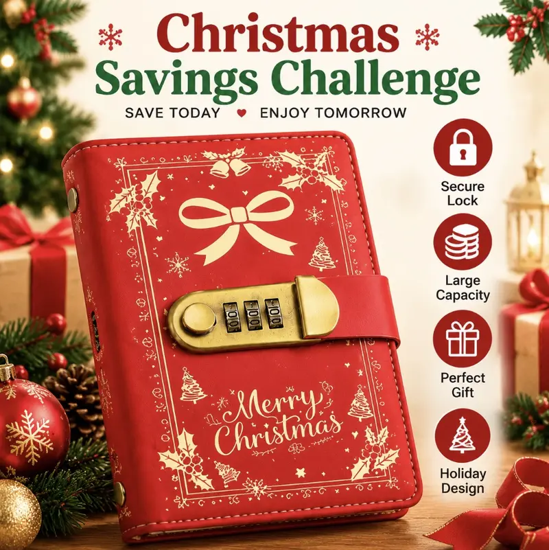 Christmas A6 PU Leather Binder Savings Notebook with 3-Digit Resettable Password Lock, Large Capacity Storage for Money & Important Items, Secure Protection, Durable Material Christmas A6 PU Leather Binder Savings Notebook with 3-Digit Resettable Password Lock, Large Capacity Storage for Money & Important Items, Secure Protection, Durable Material