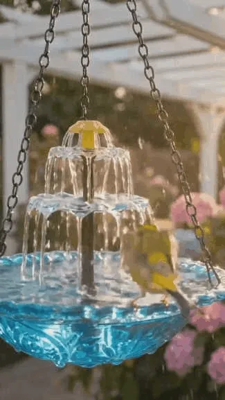 Solar hanging bird bath fountain in an outdoor garden