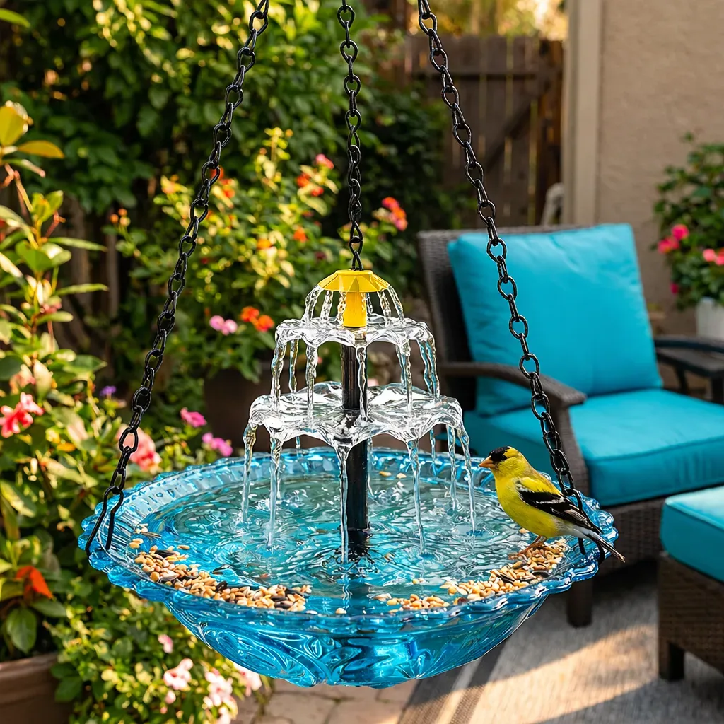 Blue tiered solar hanging fountain with cascading water