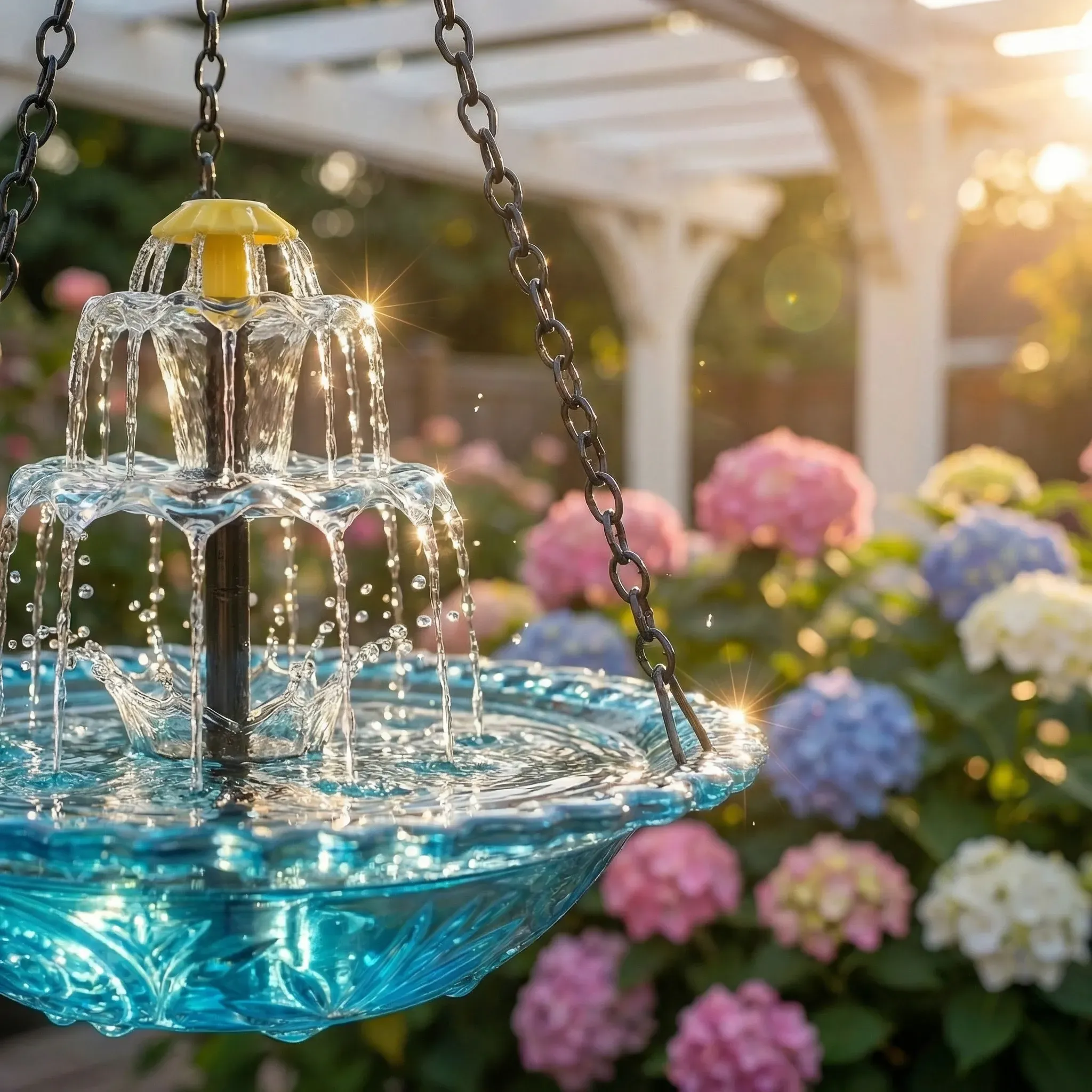 Solar panel and hanging bird bath fountain design