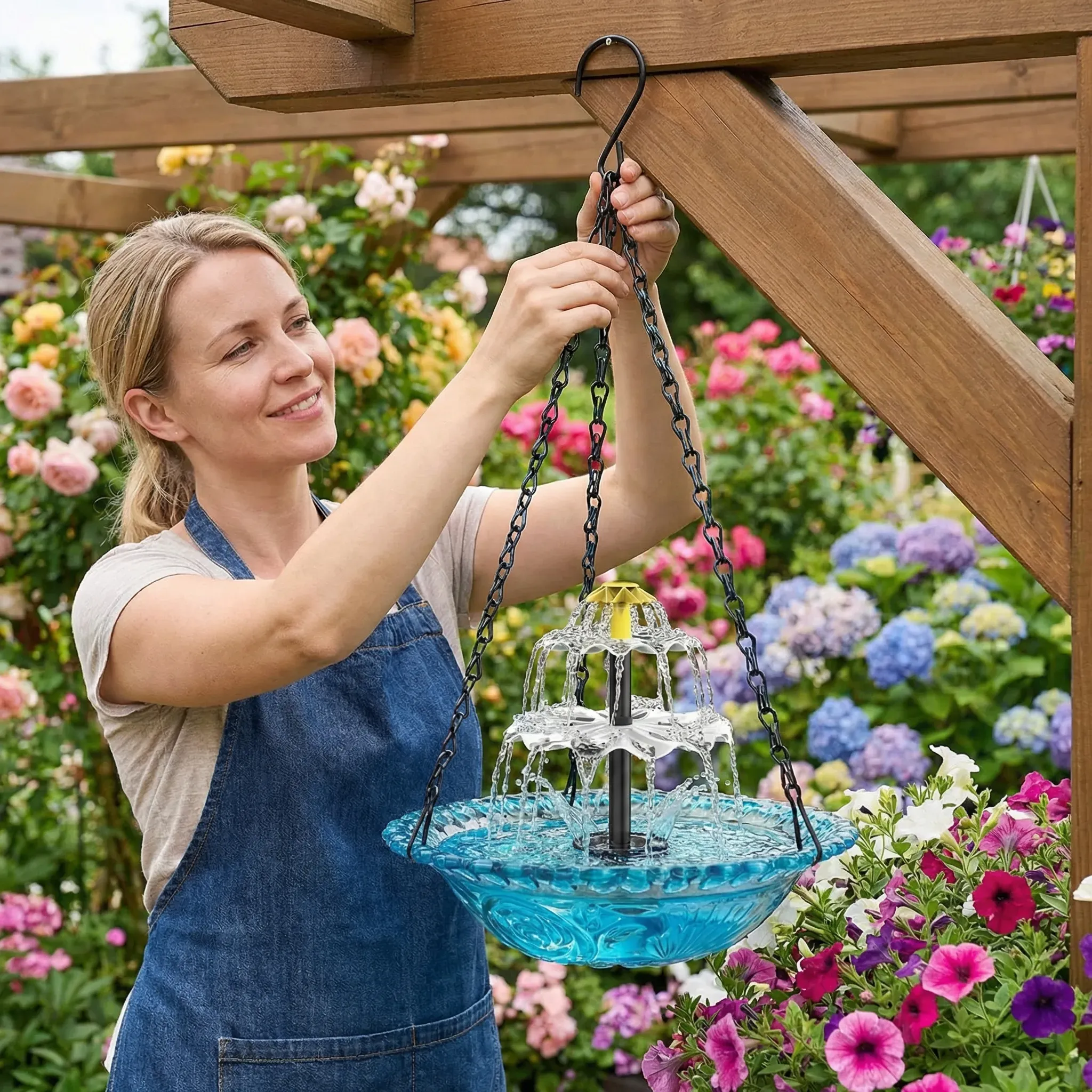 Hanging solar bird bath fountain with tiered bowls