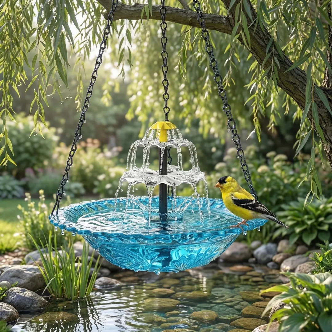 Solar hanging bird bath fountain in a garden setting