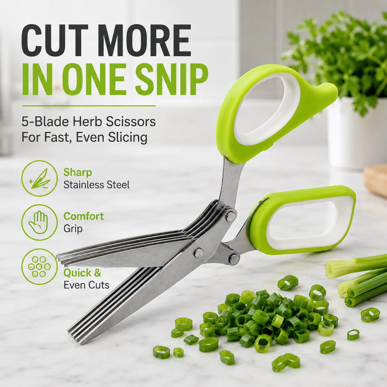 Five parallel blades cutting herbs into narrow strips