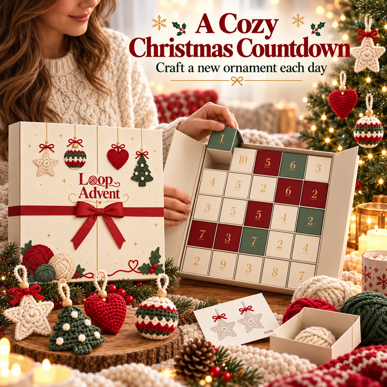 Woman opening her crochet Advent Calendar beside a cozy Christmas tree decorated with crochet ornaments