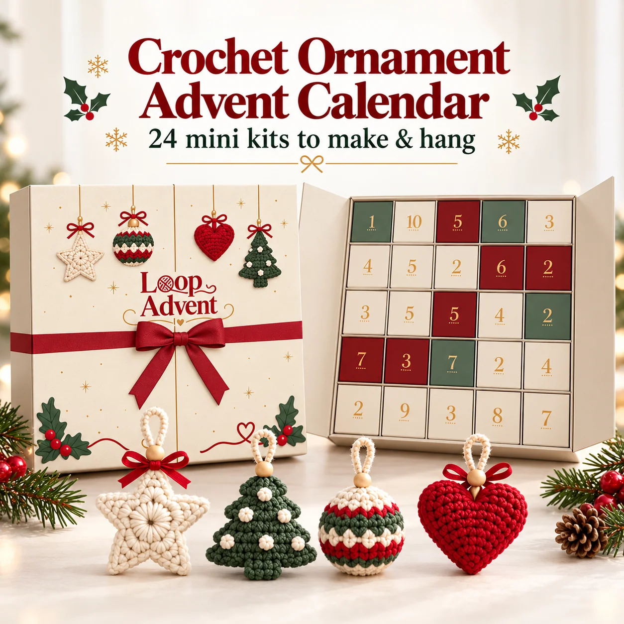 Crochet Christmas Advent Calendar gift box displayed with four finished ornaments on a festive tabletop