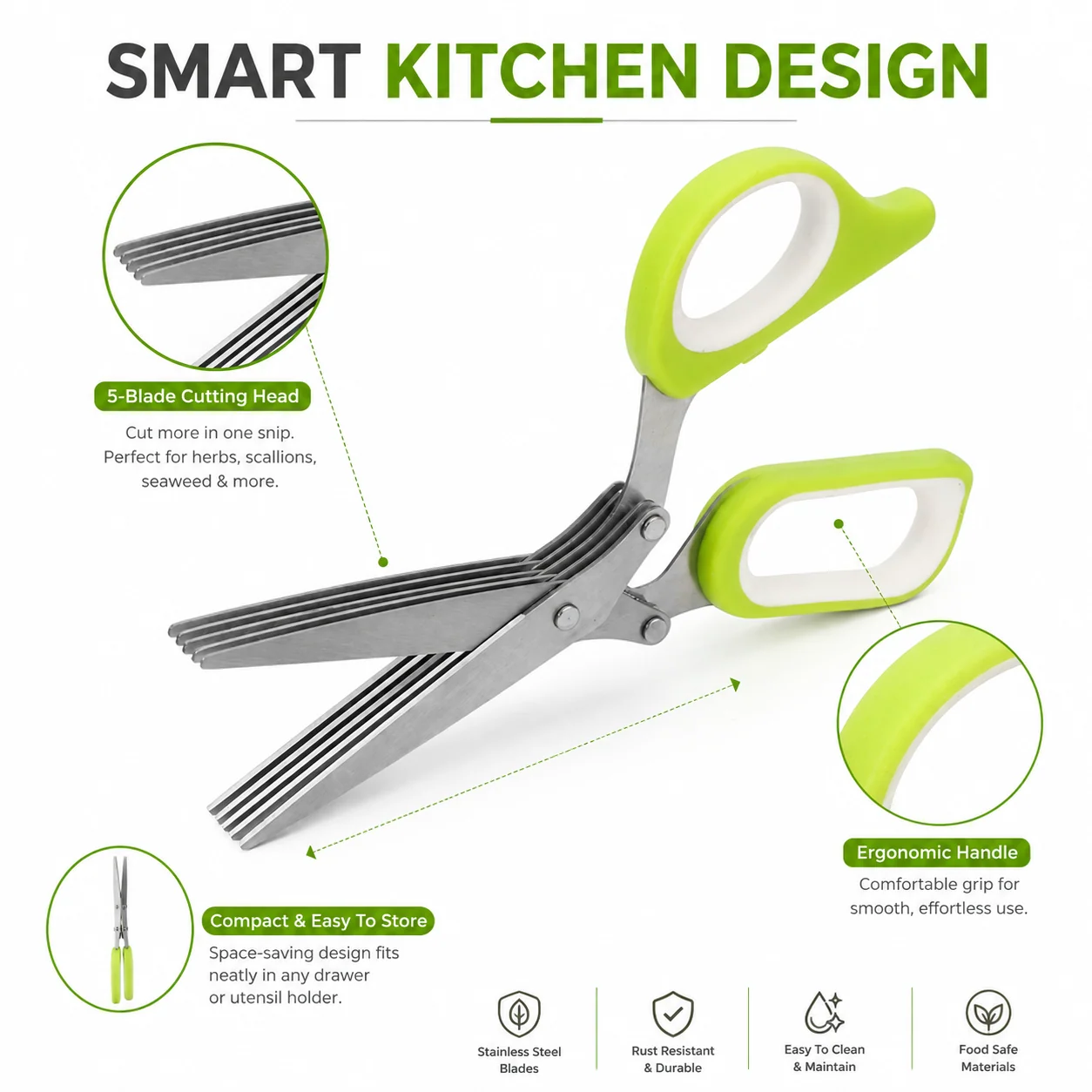 Contoured green handles and grip of the herb scissors