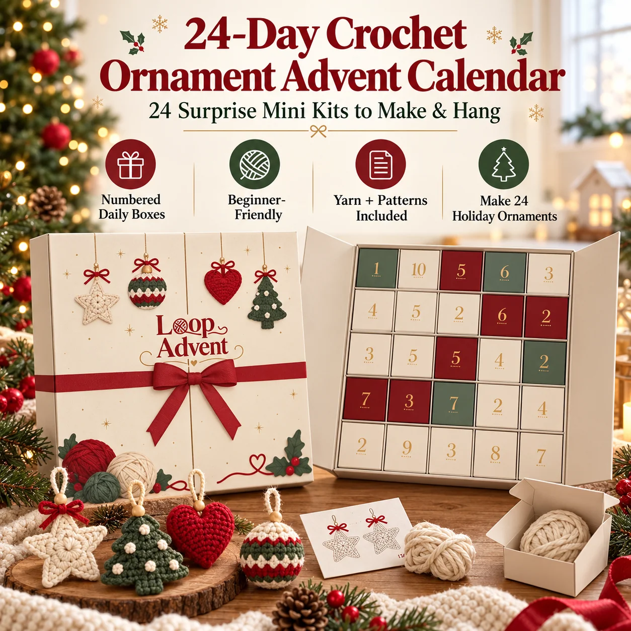 24-Day Crochet Christmas Advent Calendar with numbered DIY boxes, yarn, pattern cards and Christmas ornament examples