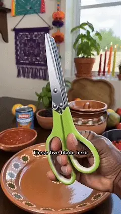 Five-blade herb scissors demonstrating ingredient preparation