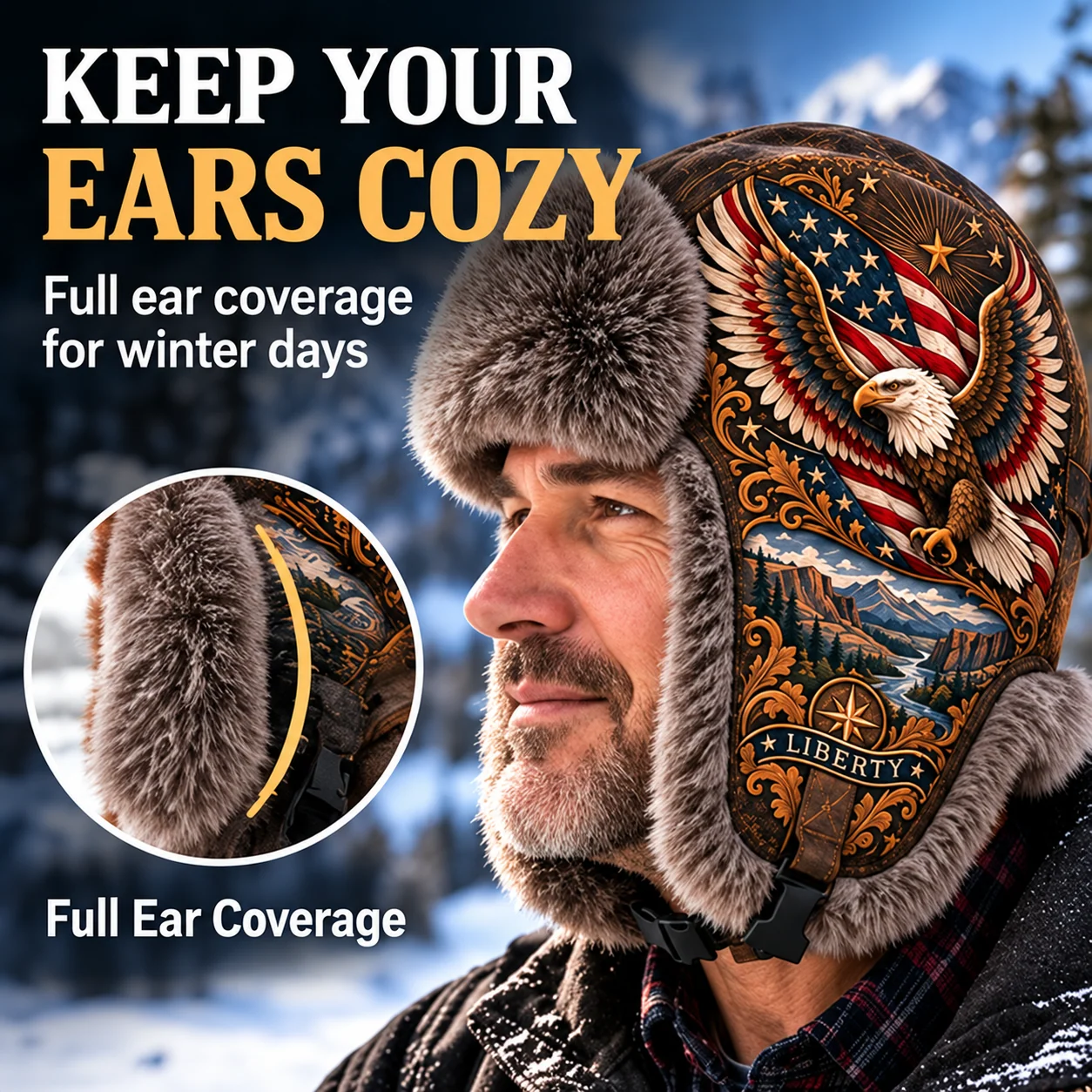 Extended ear flaps covering the ears and sides of the head