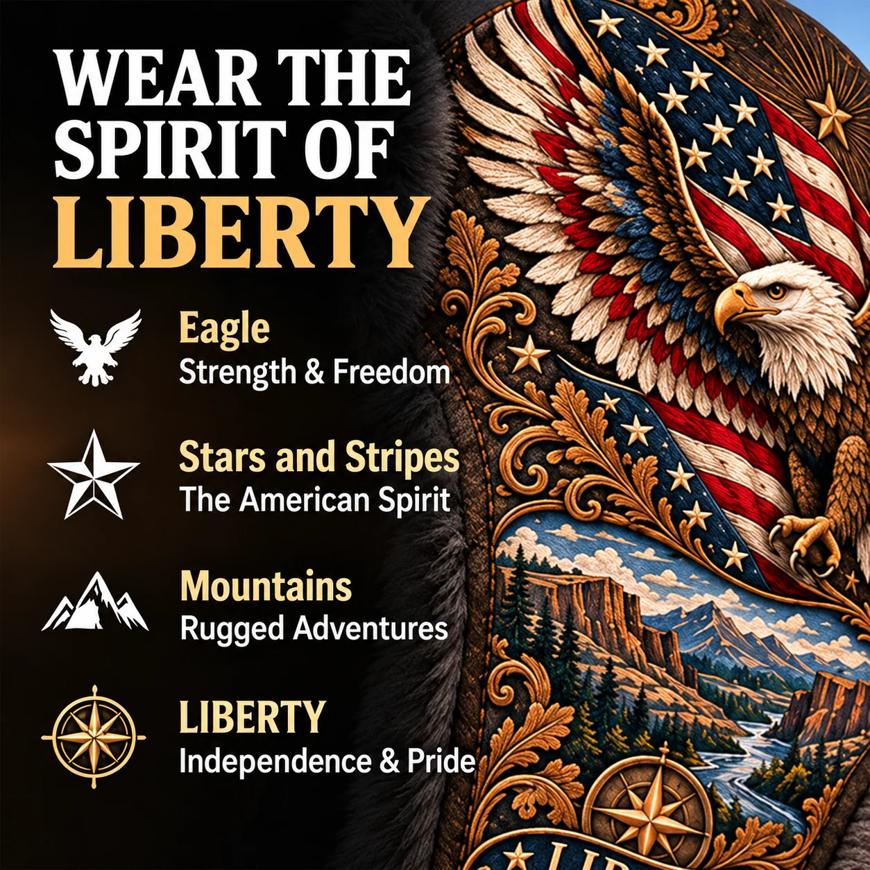 Eagle, American flag, mountain and Liberty artwork on the hat
