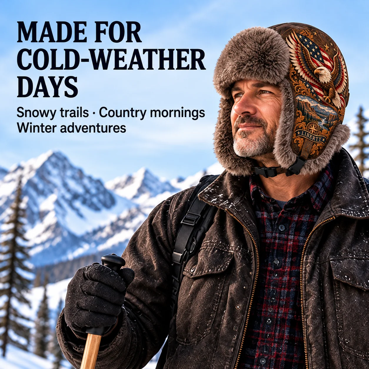 Wings of Freedom hat styled with rugged winter clothing
