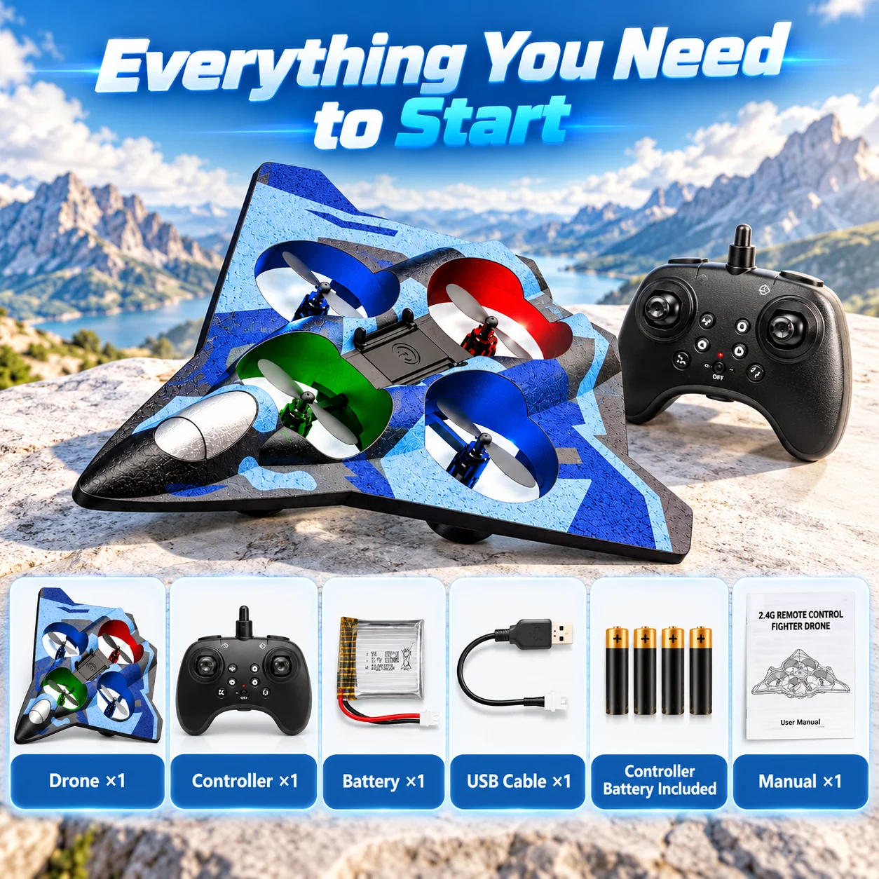 RC hover jet and included accessories