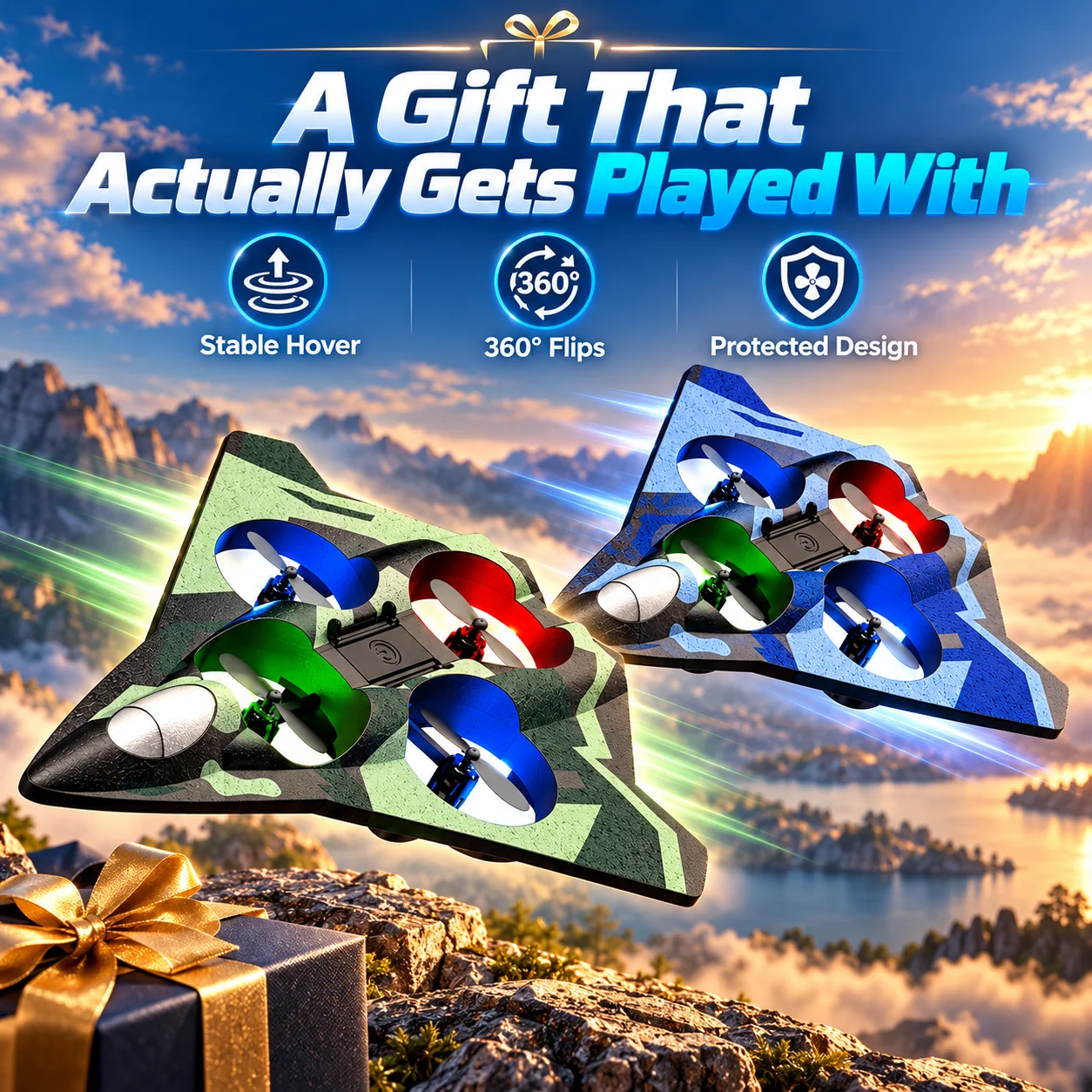 Blue and green stealth RC hover jets