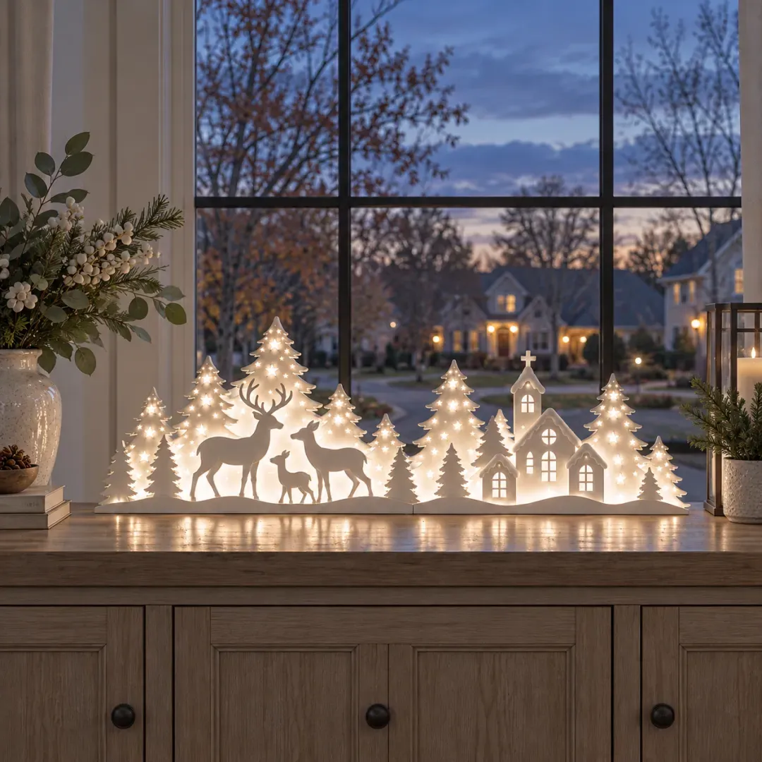 LED deer and Christmas village window scene