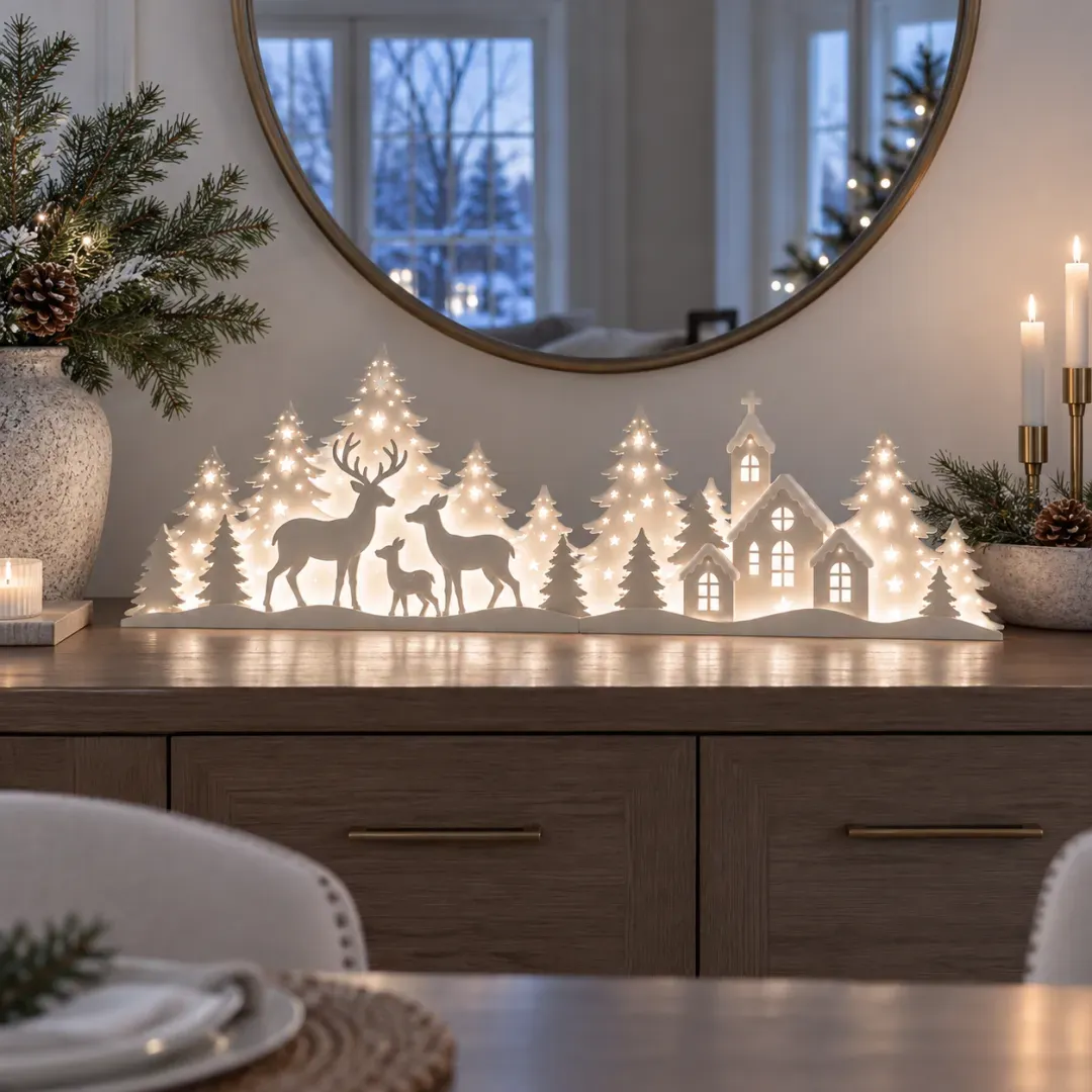 LED Christmas deer village window decor detail