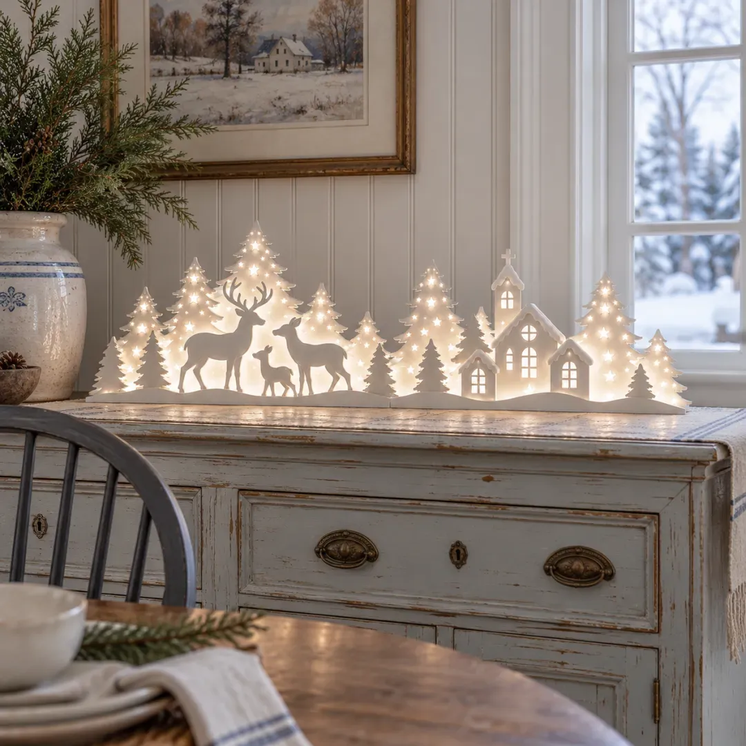 LED Christmas deer village window decor detail