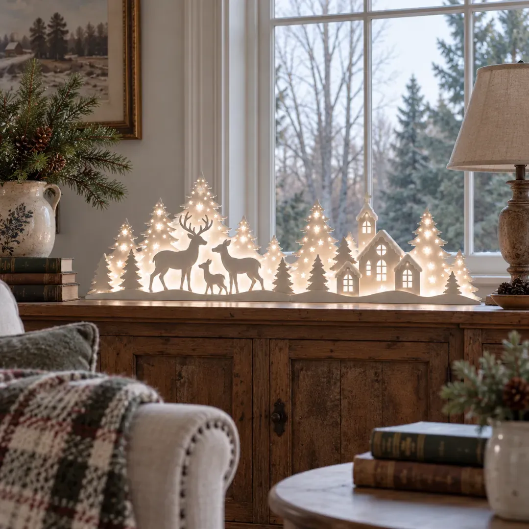 LED Christmas deer village window decor detail