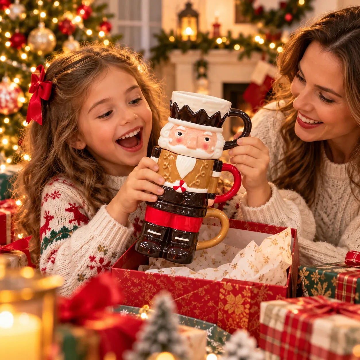 Family Christmas gift moment with nutcracker mugs