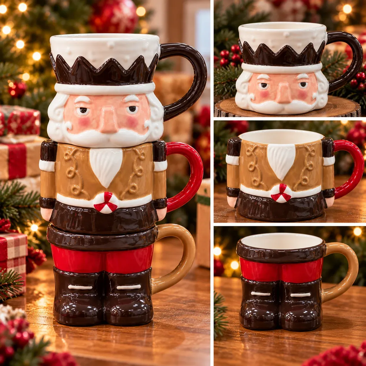 Three individual stackable nutcracker mugs