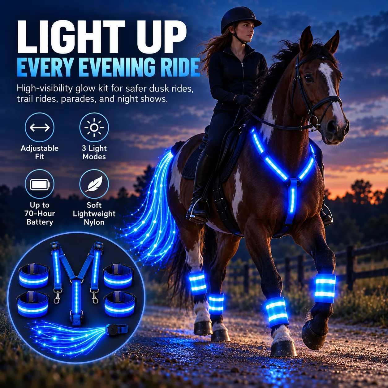 Horse wearing bright blue LED visibility accessories during an evening ride