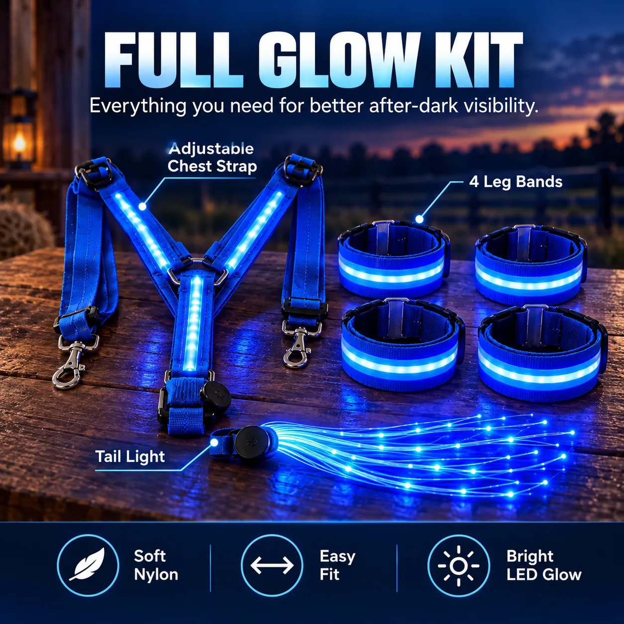 Detailed blue LED horse glow equipment with adjustable straps