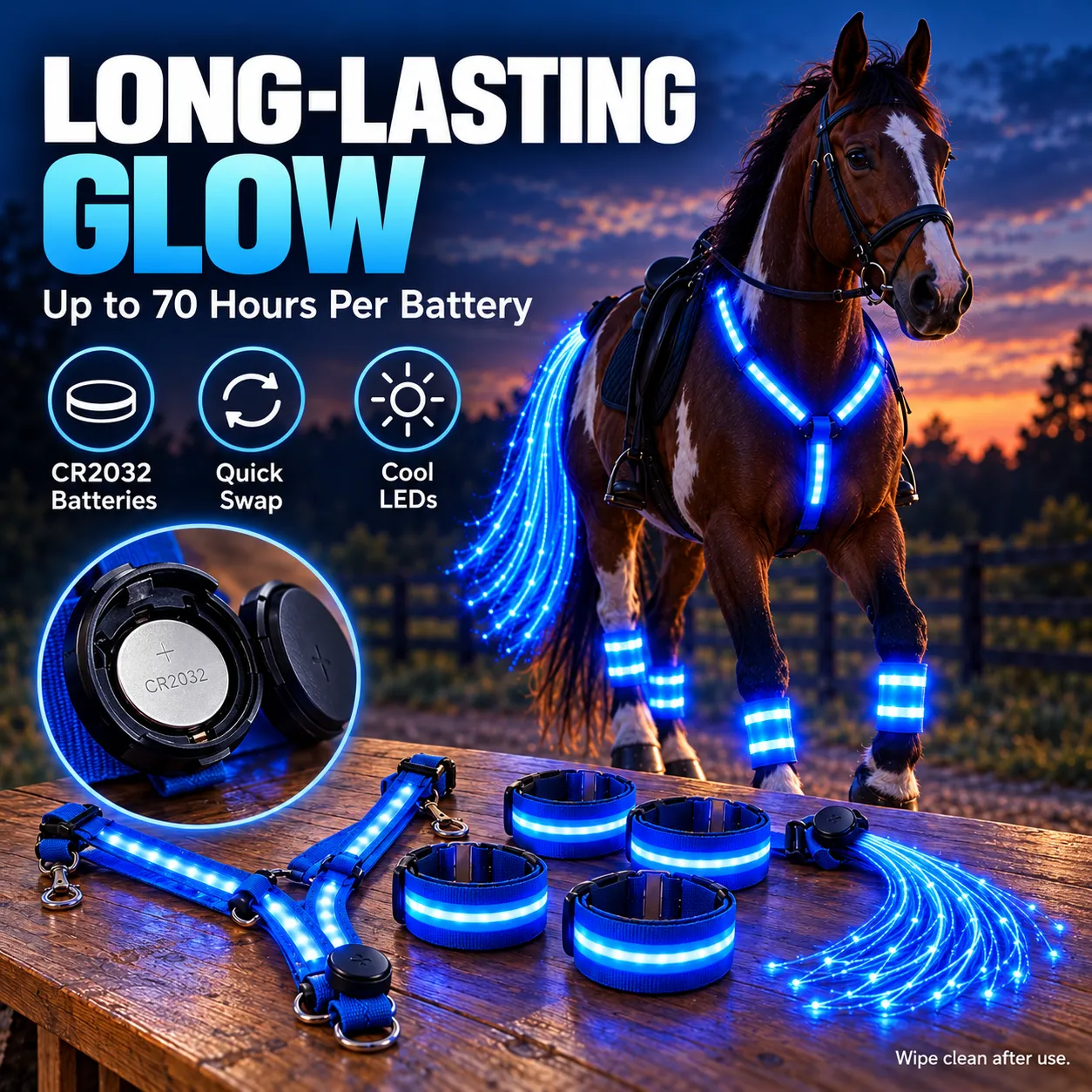 LED horse visibility accessories and CR2032 battery compartment detail