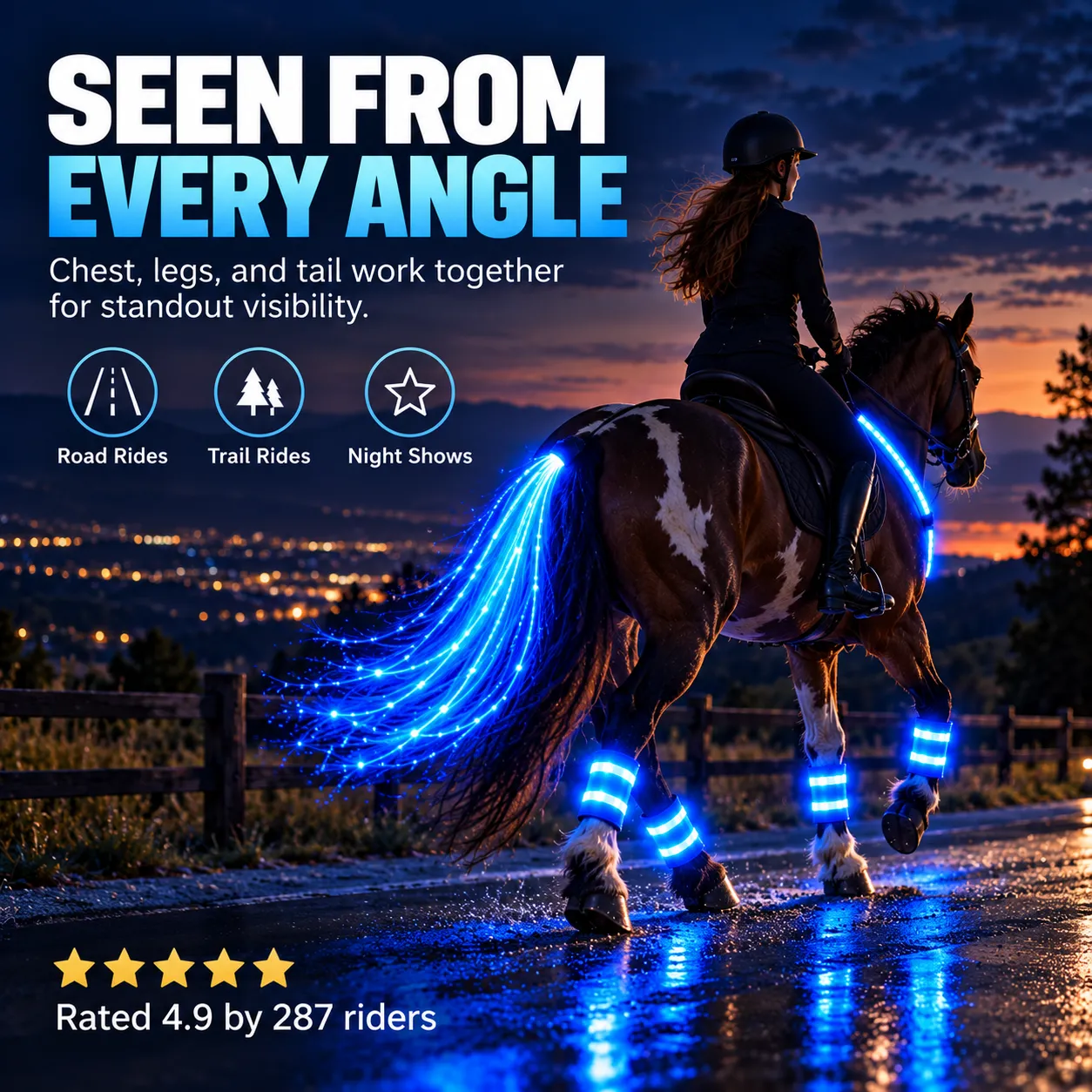 Horse and rider with glowing blue LED visibility gear at sunset
