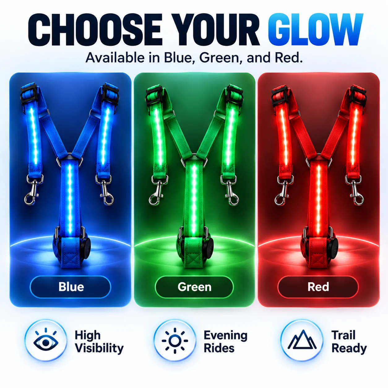 LED horse visibility straps in blue green and red
